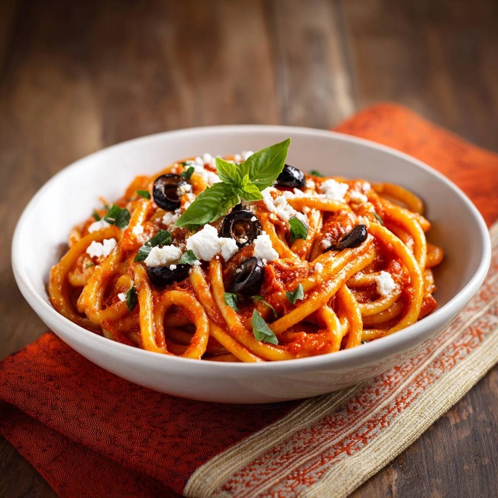 Bucatini with olives, feta, and basil served in a white bowl, showcasing the pasta and toppings up close.