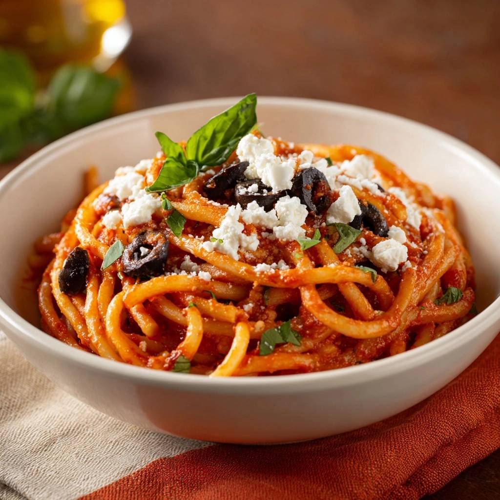 Bucatini with olives, feta & basil, showcasing a close-up view of the crumbled feta and black olive topping.