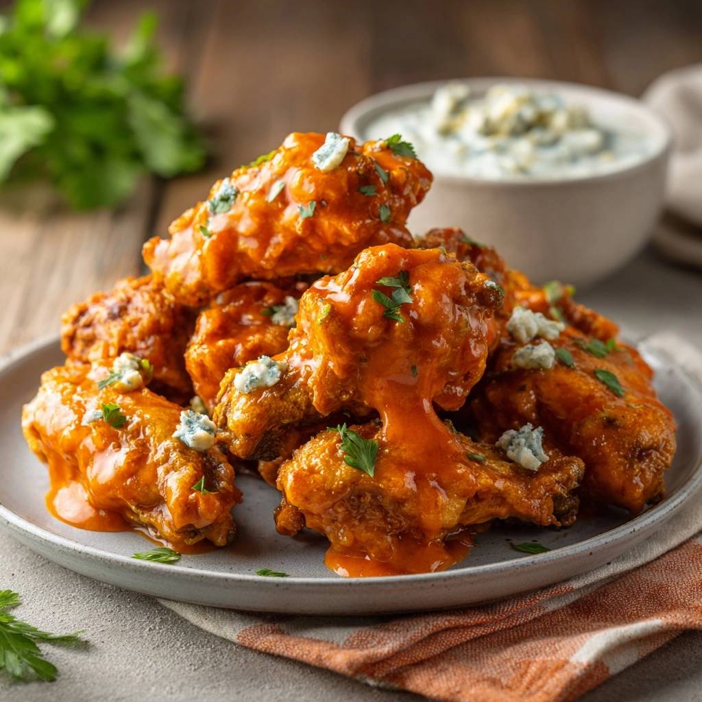 Crispy Buffalo Wings served with a side of blue cheese dip and a garnish of fresh parsley.