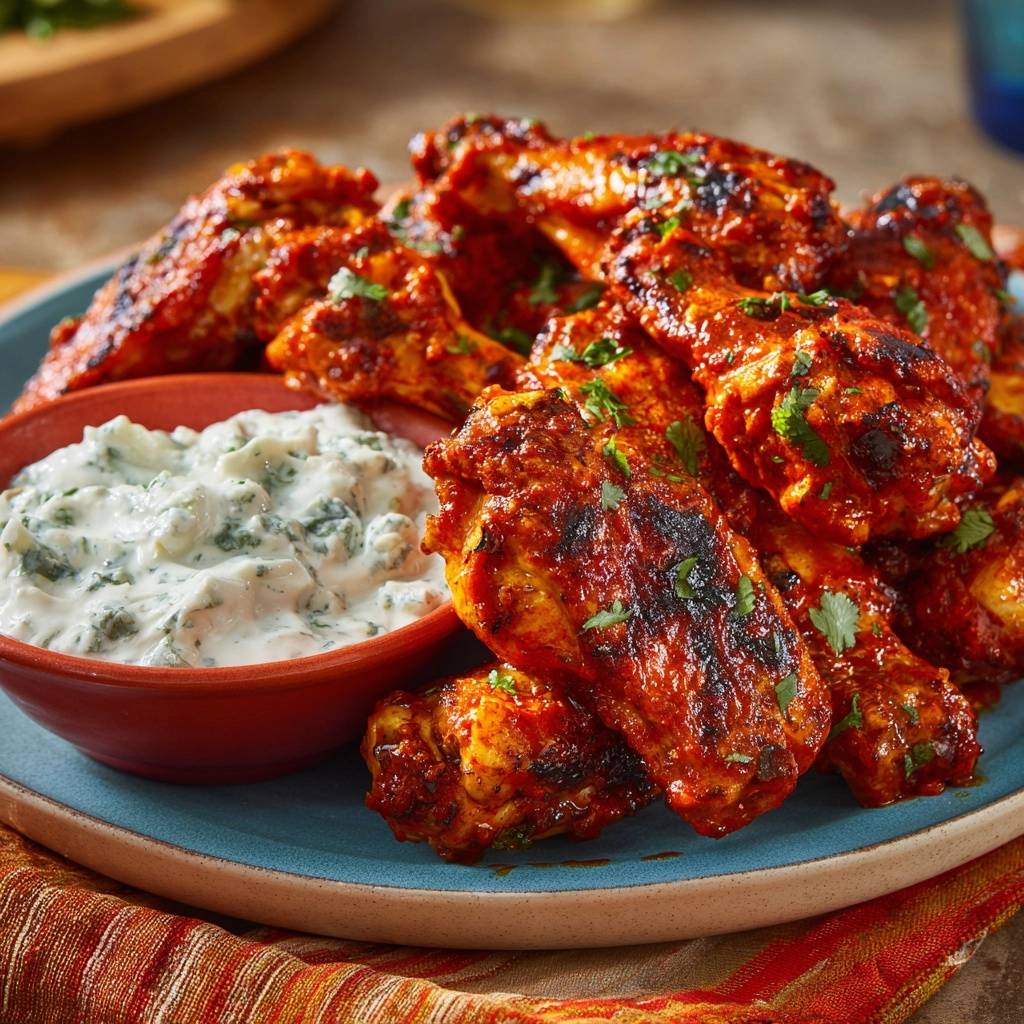 Crispy buffalo wings with a side of creamy herb dip, garnished with fresh cilantro.