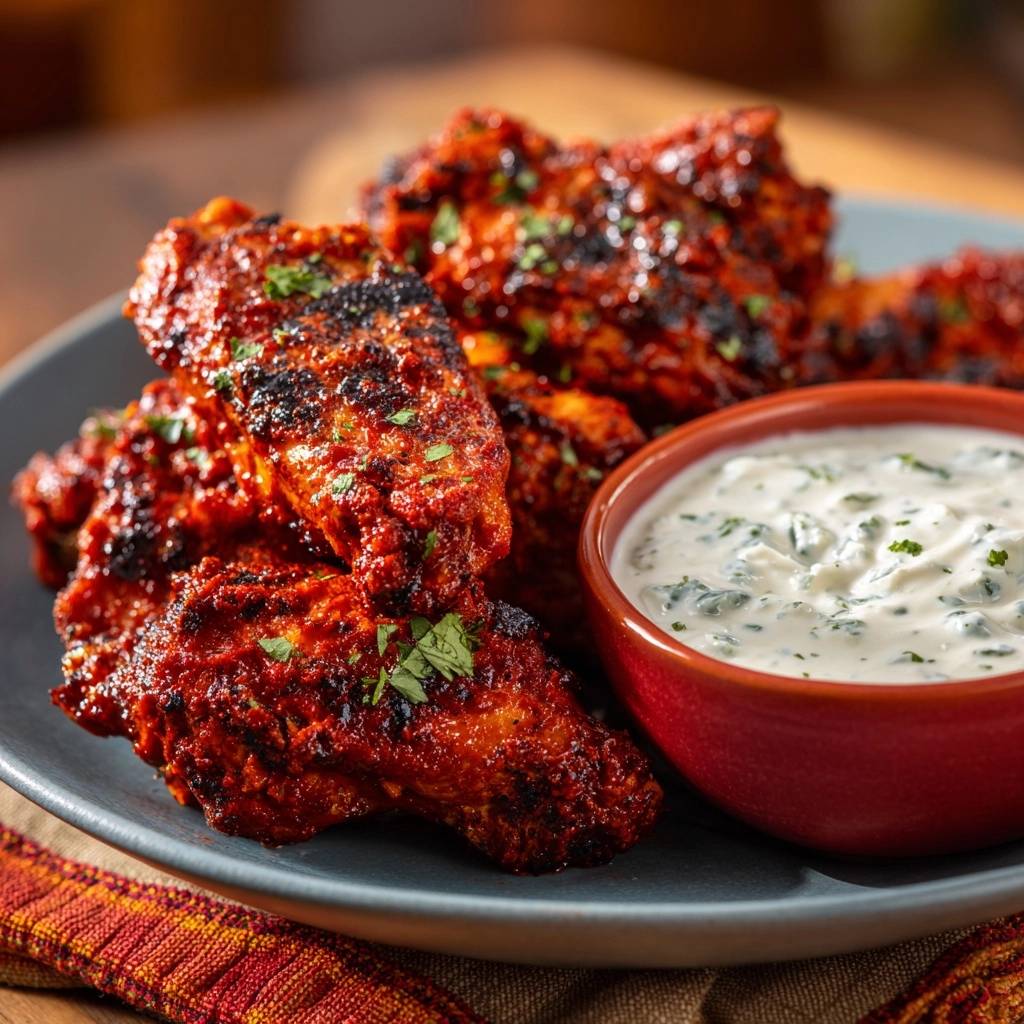 Crispy buffalo wings with a side of creamy herb dip served on a dark plate.
