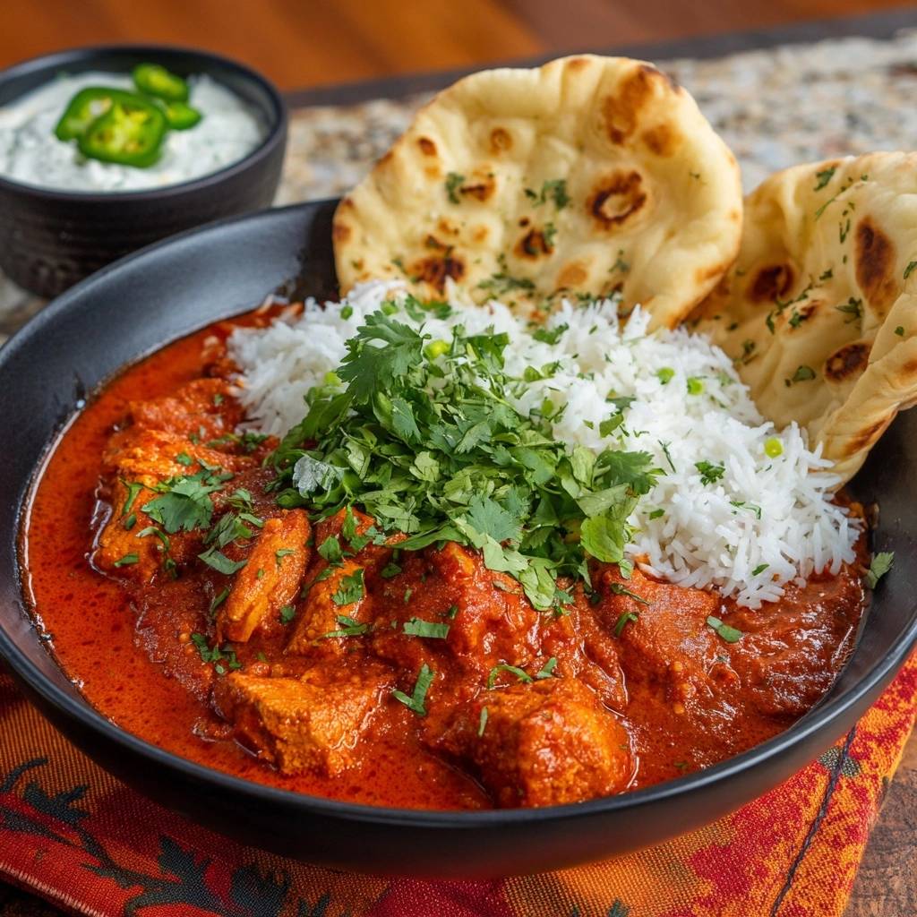 Butter chicken with rice and naan served in a black bowl, garnished with fresh cilantro and a side of raita.