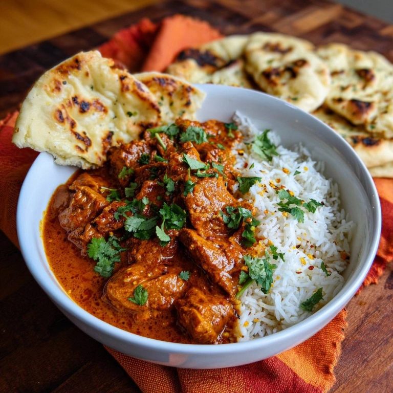 Butter chicken with rice and naan served in a white bowl, garnished with fresh cilantro and chili flakes.