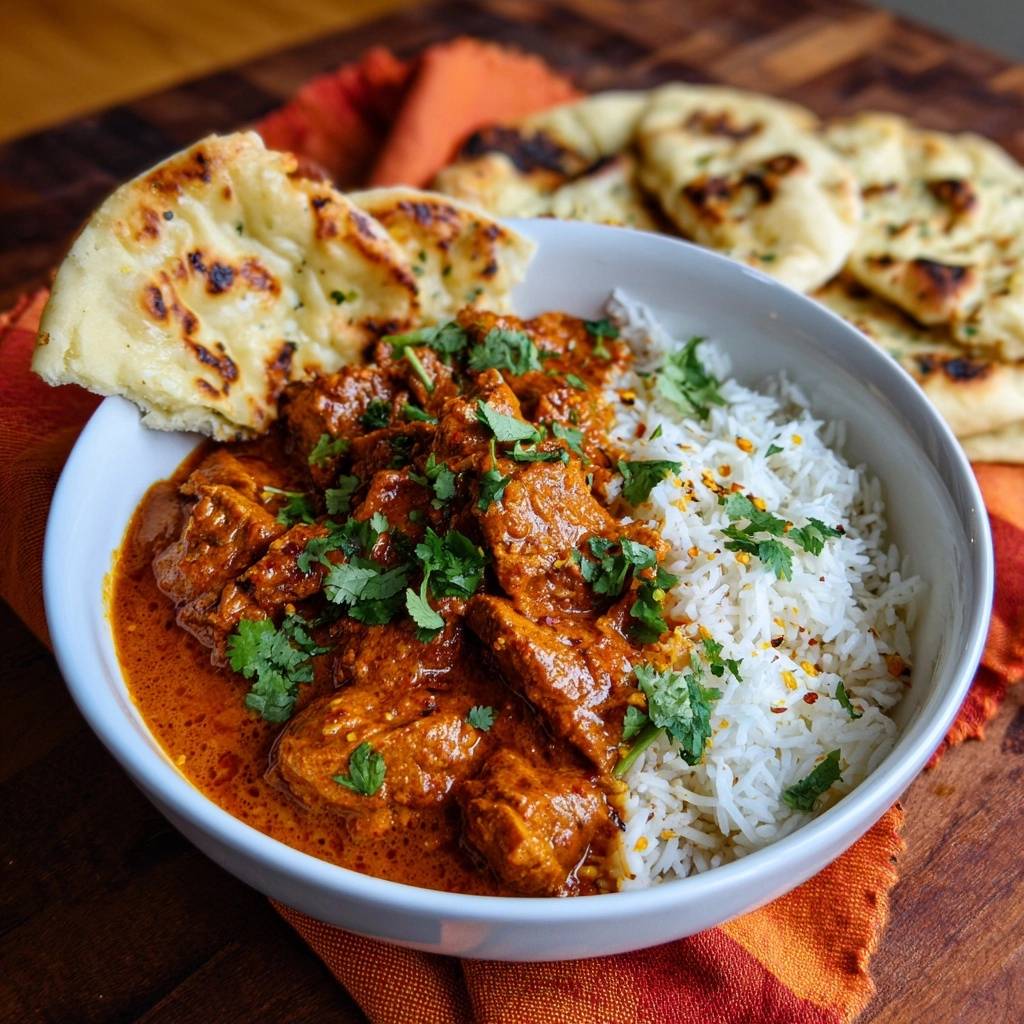 Butter chicken with rice and naan served in a white bowl, garnished with fresh cilantro and chili flakes.