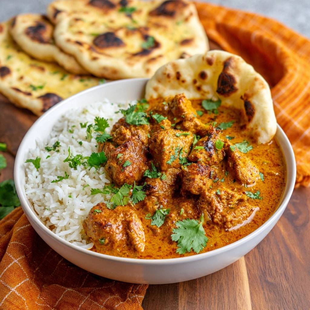 Butter chicken with rice and naan served in a white bowl, garnished with fresh cilantro.
