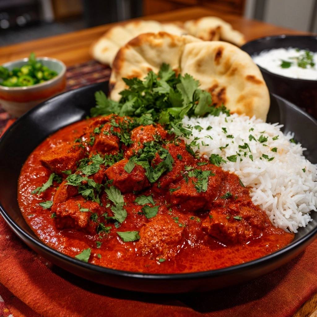 Butter chicken with rice and naan served in a black bowl, garnished with fresh cilantro.