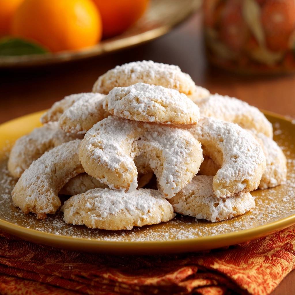 Buttery almond crescent cookies dusted with powdered sugar piled high on a yellow plate.