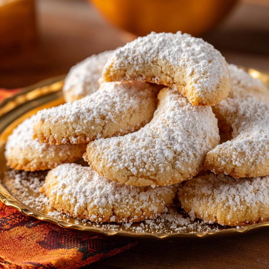 Buttery almond crescent cookies are dusted with powdered sugar and piled high on a decorative gold plate.