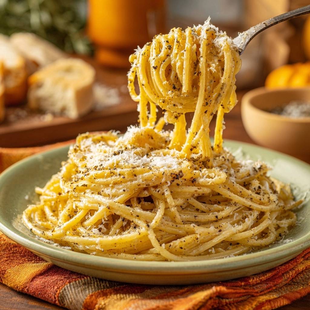 Cacio e Pepe lifted on a fork, showing its creamy texture and grated cheese topping.
