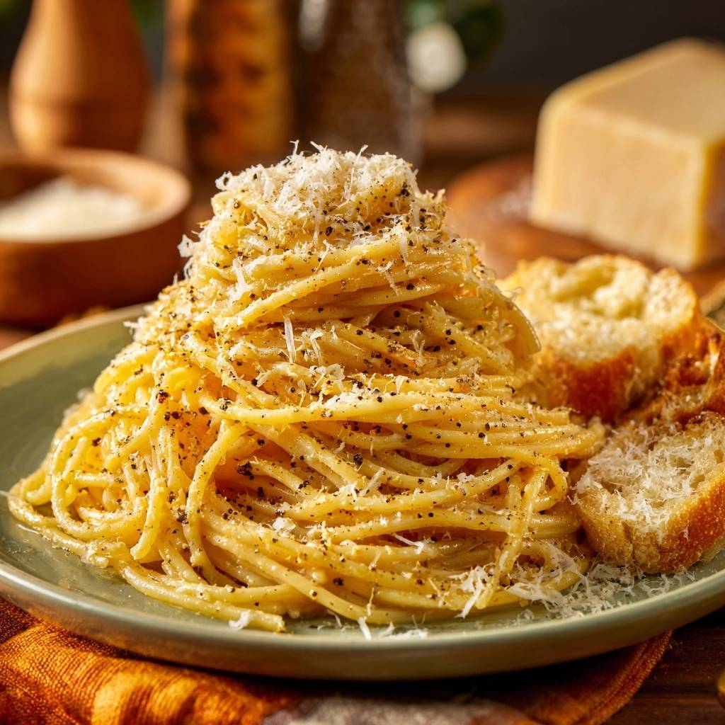 Authentic Cacio e Pepe pasta plated with toasted bread slices and a generous topping of grated cheese.