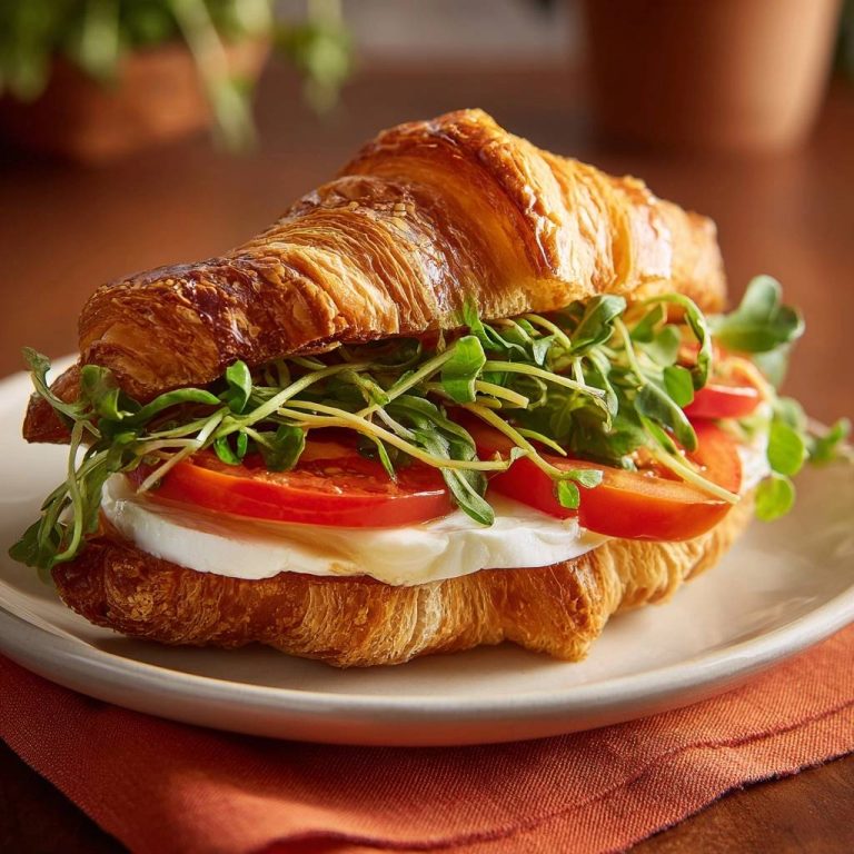 Caprese croissant sandwich cross-section showing layers of fresh mozzarella, sliced tomatoes, and microgreens inside a flaky croissant.