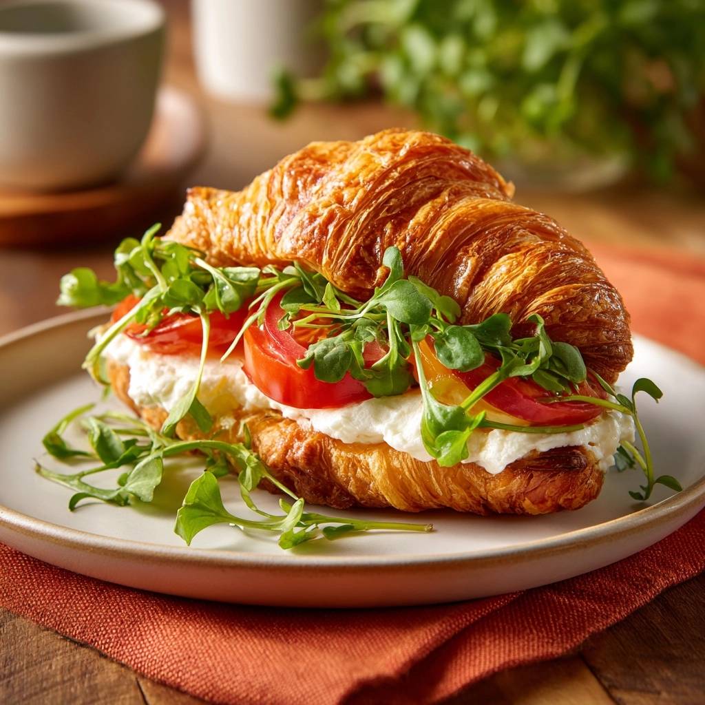 Caprese croissant sandwich plated with fresh tomatoes, creamy cheese, and greens, showcasing its layered interior.