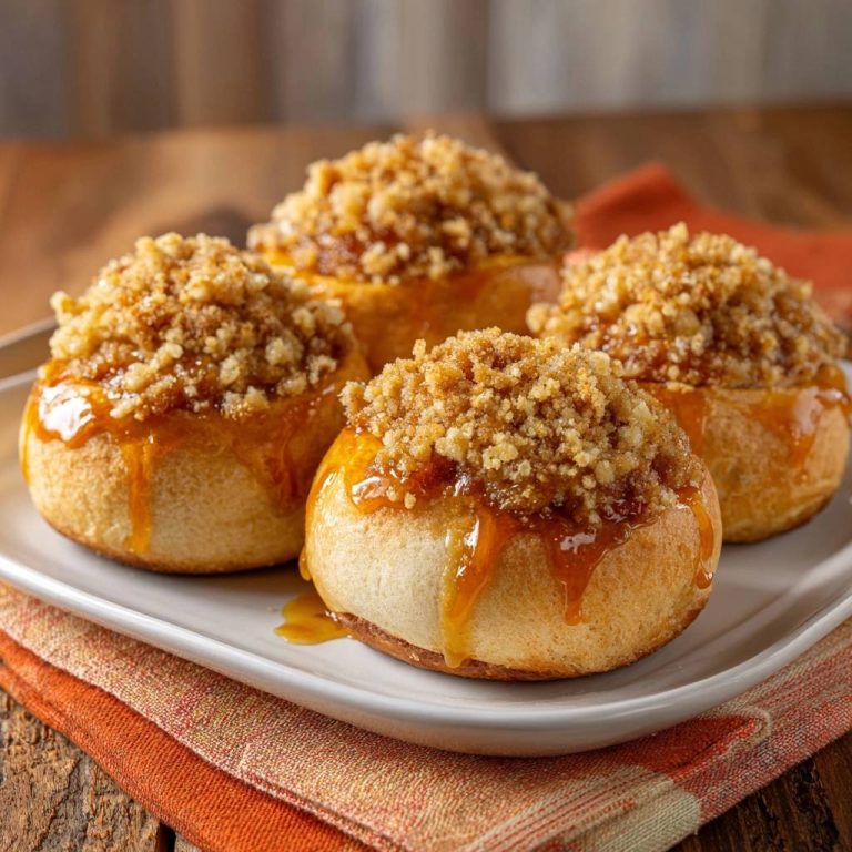 Caramel apple streusel buns with a crunchy topping and caramel drizzle on a white plate.