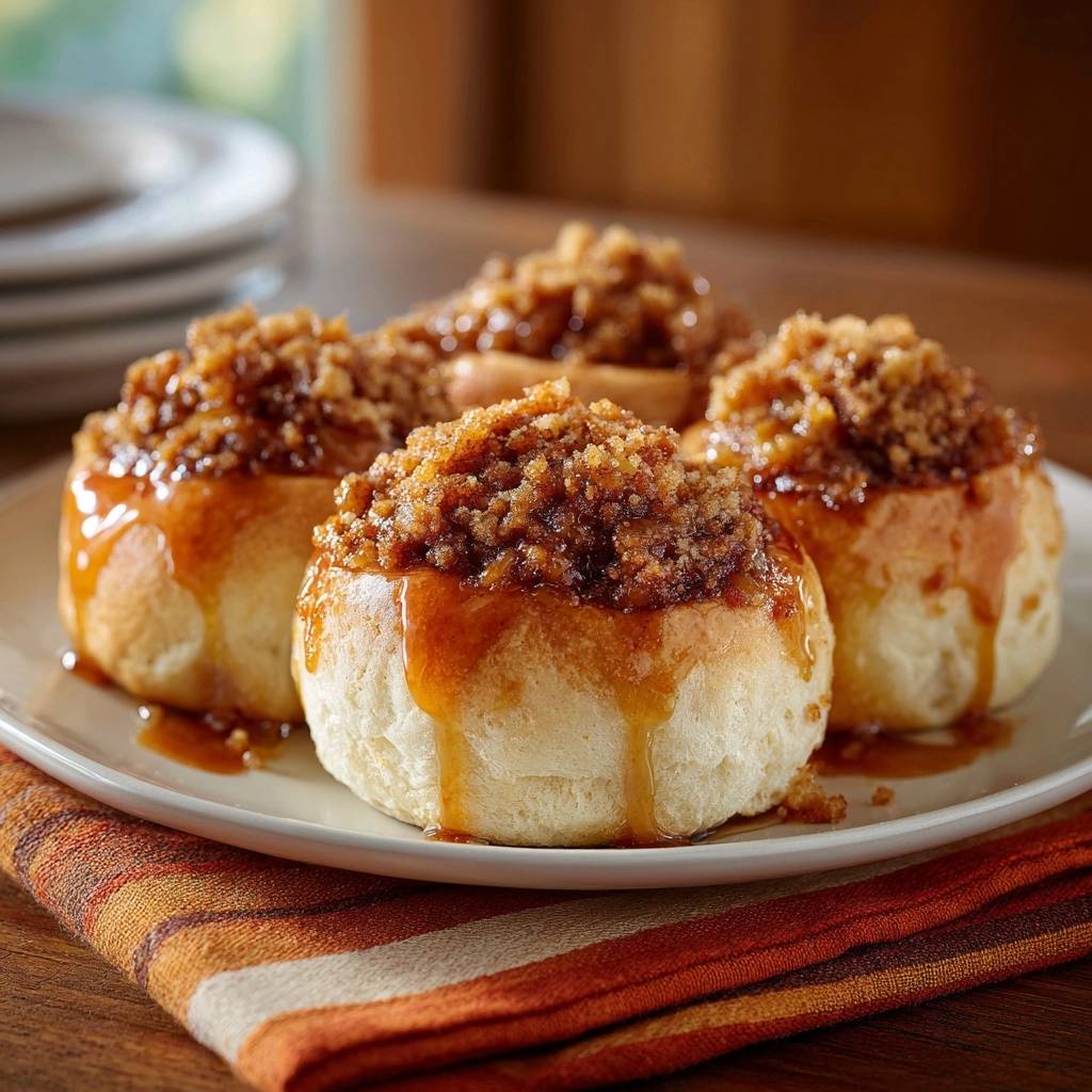 Caramel apple streusel buns with a close-up view of the crunchy streusel topping and dripping caramel glaze.