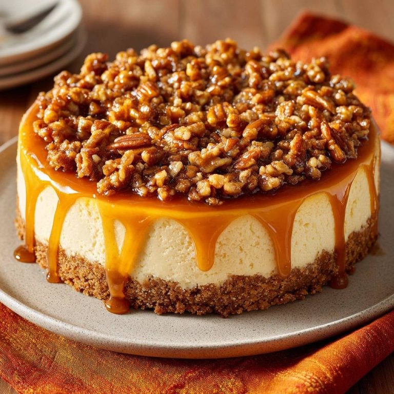 Caramel Pecan Crunch Cheesecake with a generous drizzle of caramel and a nutty topping.