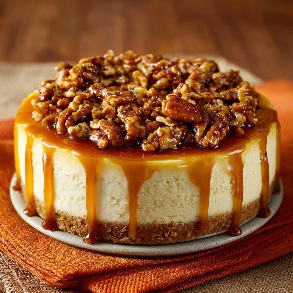 Caramel pecan crunch cheesecake generously topped with glazed nuts and caramel drizzle.