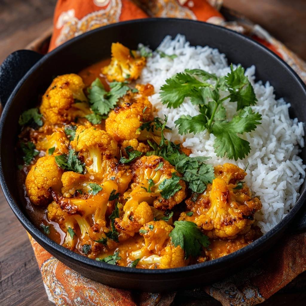 Crispy cauliflower masala served in a black bowl with fluffy white rice and fresh cilantro garnish.