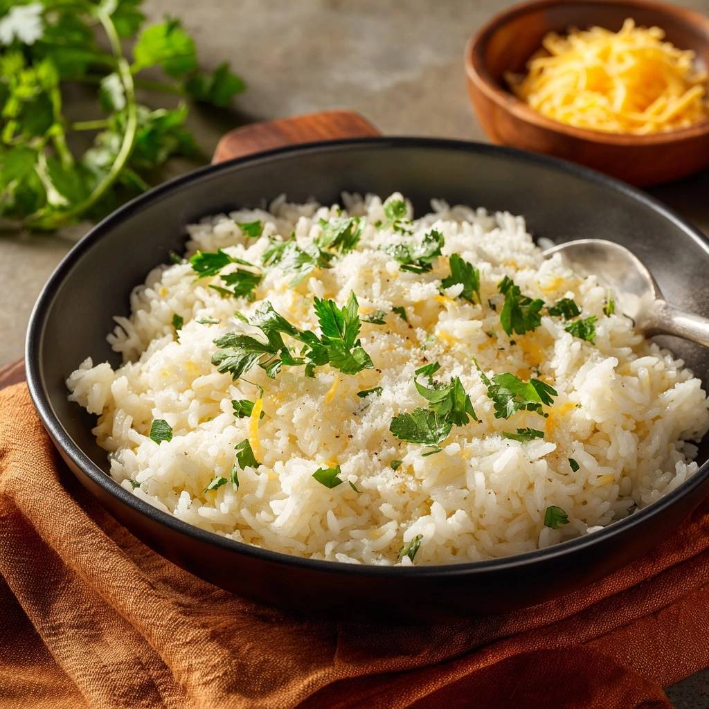Fluffy cheddar herb rice, a close-up view showcasing fresh parsley and grated cheese topping.
