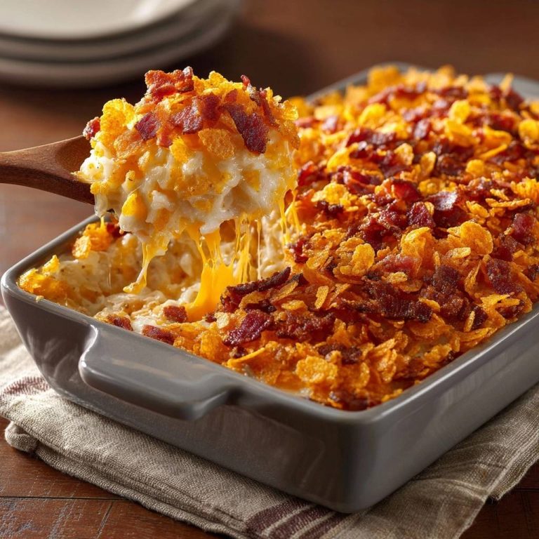 Cheesy bacon corn casserole with a serving spoon lifting a cheesy portion, showing the melted cheese strands.