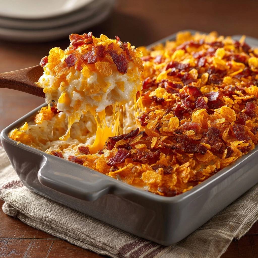 Cheesy bacon corn casserole with a serving spoon lifting a cheesy portion, showing the melted cheese strands.