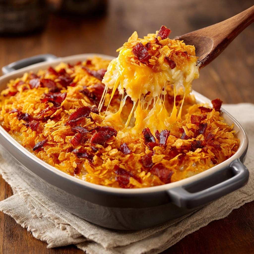 Cheesy bacon corn casserole with crunchy topping being lifted with a spoon, showing melted cheese strands.