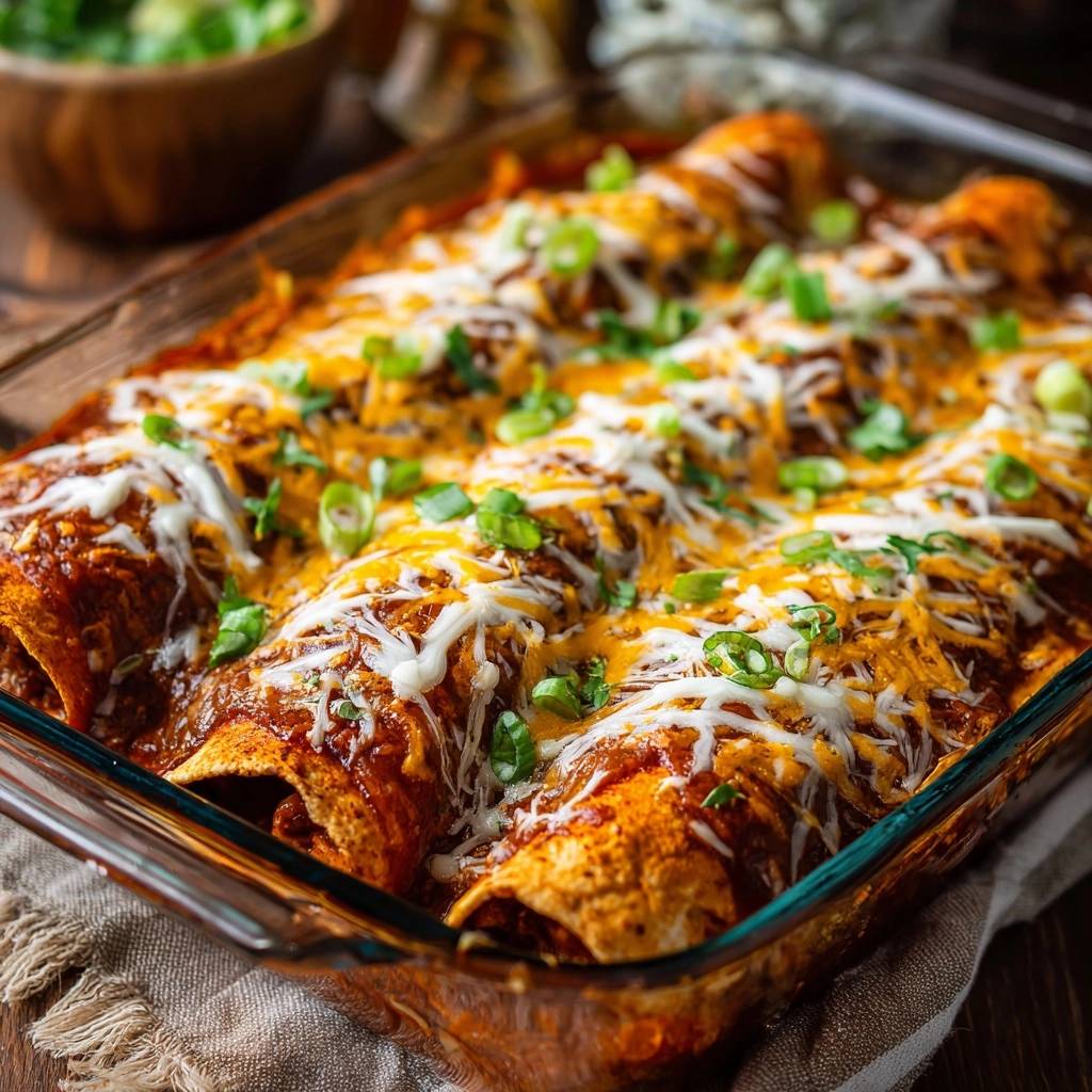 Cheesy beef and bean enchiladas baked in a glass dish, topped with melted cheese and green onions.