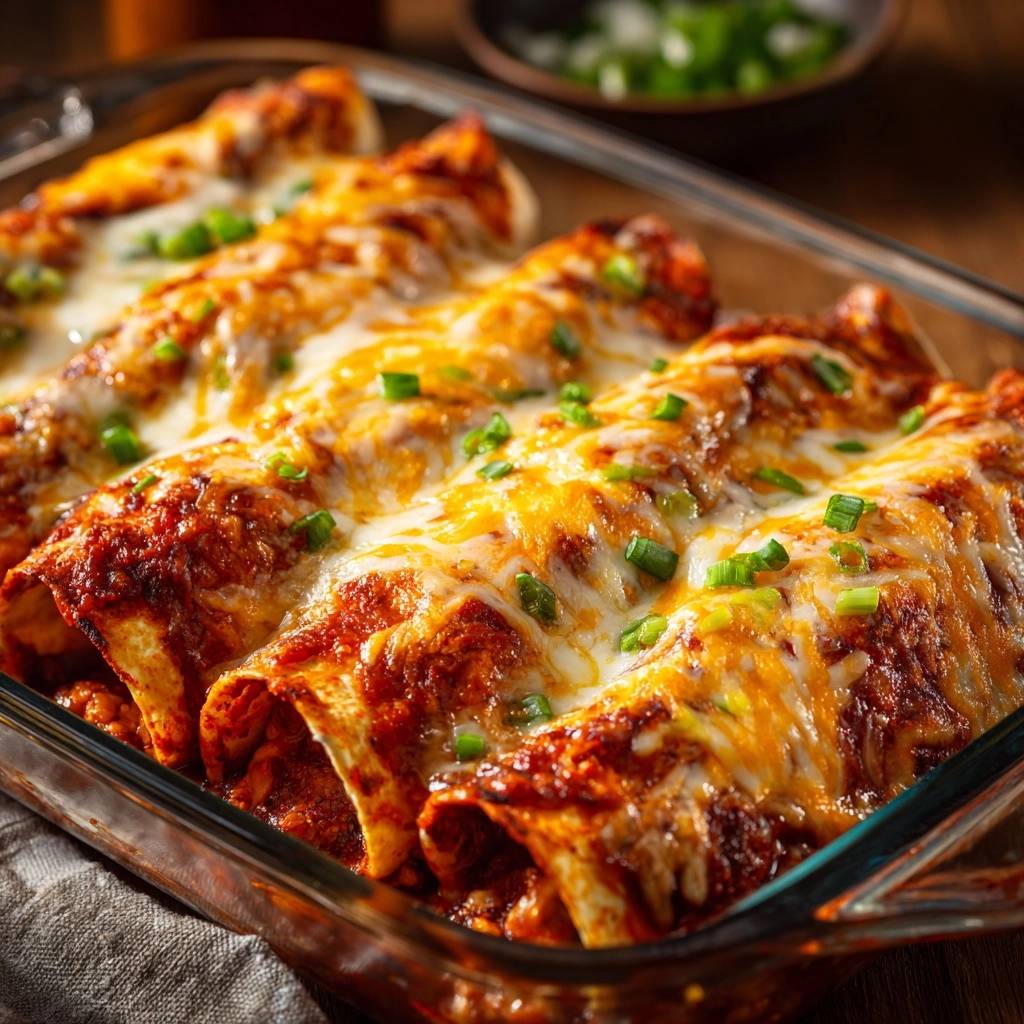 Cheesy beef and bean enchiladas with gooey melted cheese and green onions, served in a glass baking dish.