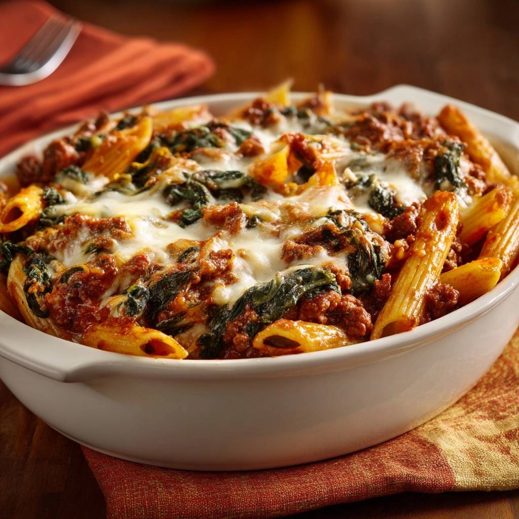 Cheesy beef and spinach penne bake close-up showing melted cheese and pasta tubes in a white casserole dish.