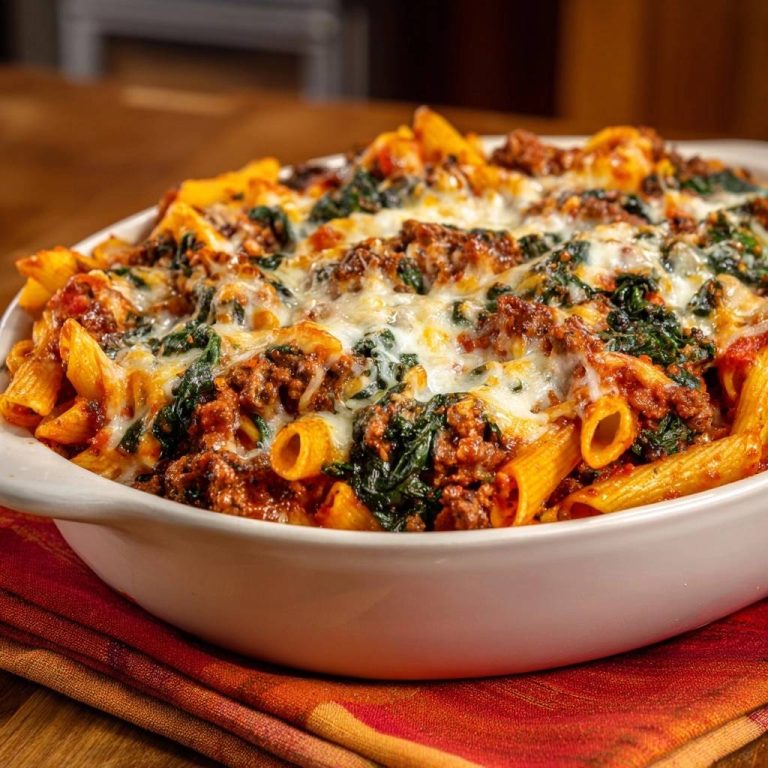 Cheesy beef and spinach penne bake shown from a top view with melted cheese bubbling over the top.