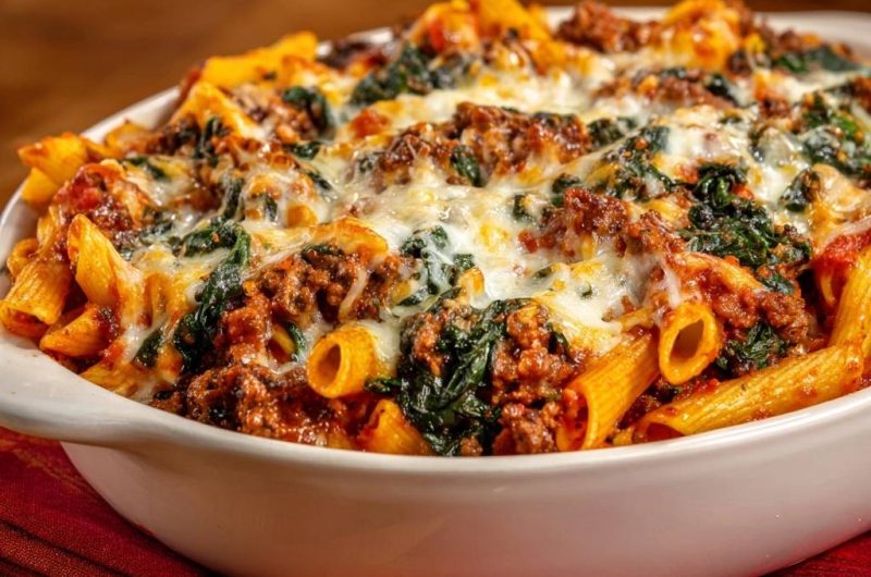 Cheesy Beef and Spinach Penne