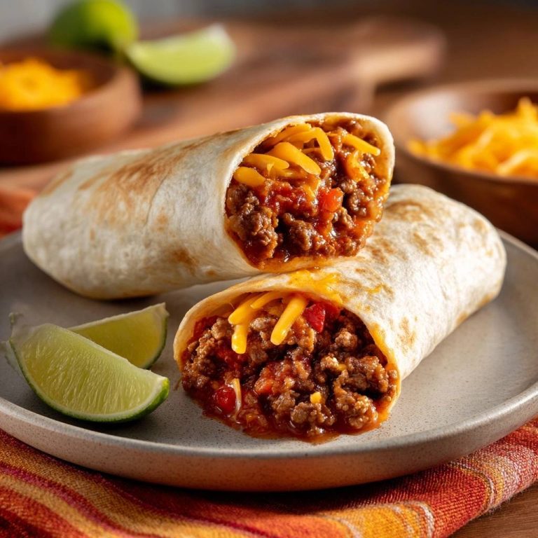 Cheesy beef tacos with crispy no-sog tortillas shown in a close-up cross-section revealing the savory filling and melted cheese.