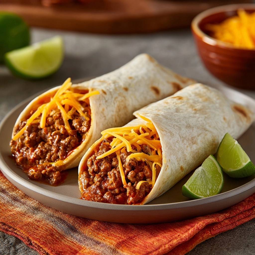 Cheesy beef tacos with crispy no-sog tortillas served on a plate with lime wedges.