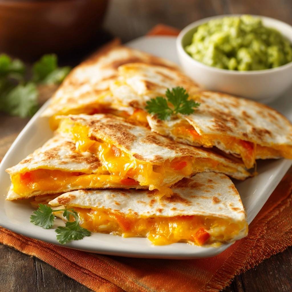 Cheesy bell pepper quesadillas shown in a close-up cross-section revealing melted cheese and filling.