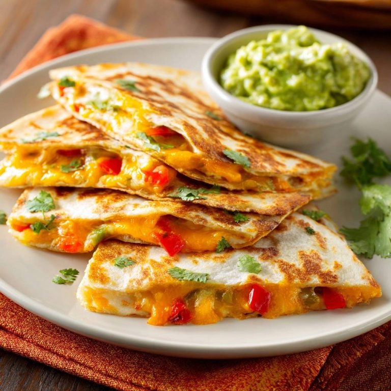 Cheesy bell pepper quesadillas shown in a cross-section revealing melted cheese and colorful peppers, garnished with cilantro.