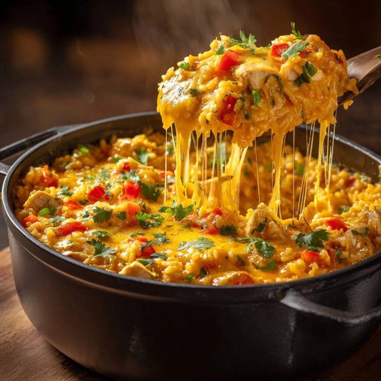 Cheesy one pot chicken and rice shown with a spoonful lifting to reveal a long cheese pull from the casserole.