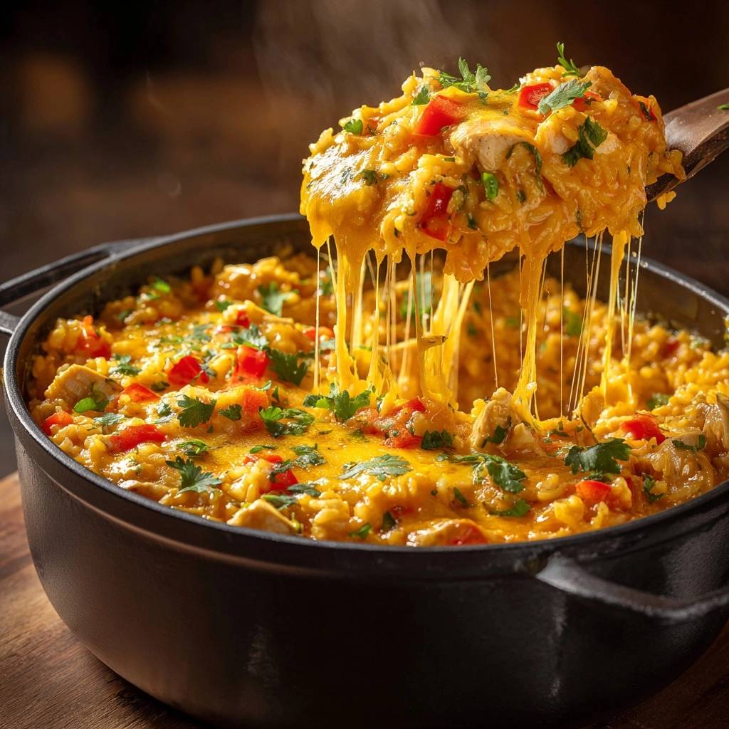Cheesy one pot chicken and rice shown with a spoonful lifting to reveal a long cheese pull from the casserole.