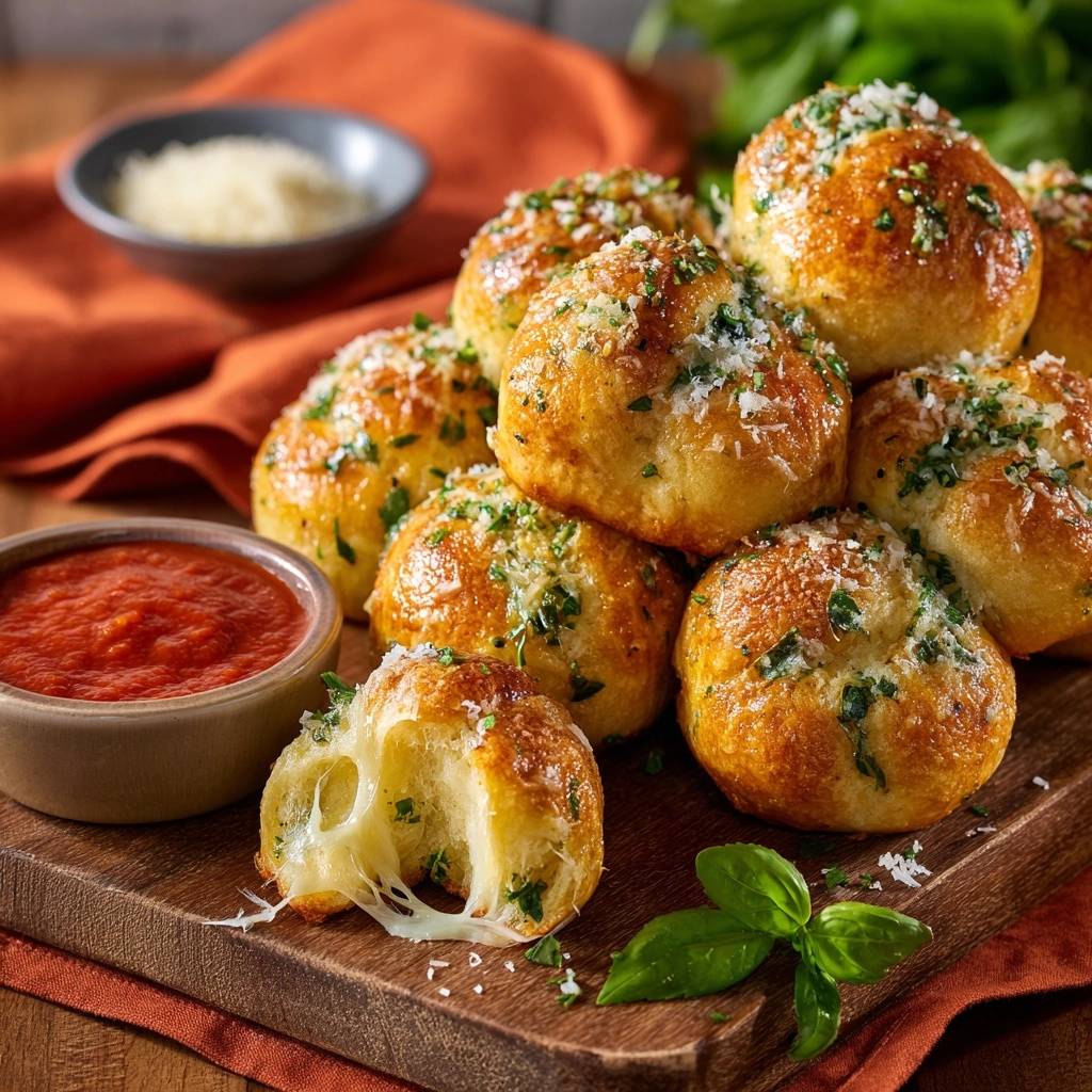 Cheesy garlic pull-apart bread bites with a gooey cheese pull visible in a close-up view.