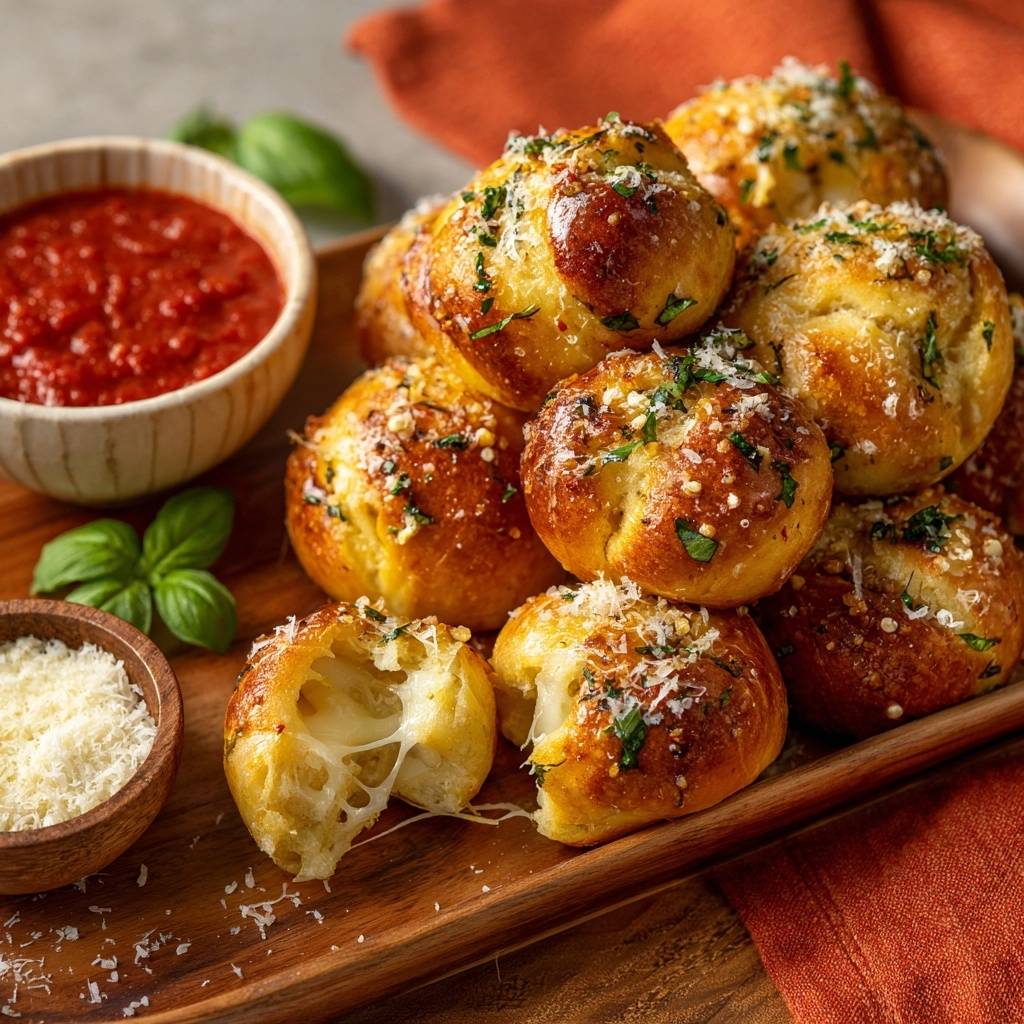 Cheesy garlic pull-apart bread bites shown with a close-up cross-section revealing a gooey cheese pull.