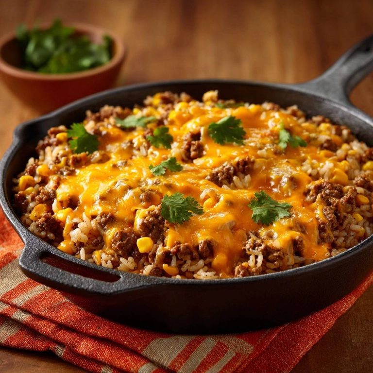 Cheesy ground beef and rice skillet topped with melted cheddar cheese and fresh cilantro garnish in a cast iron pan.