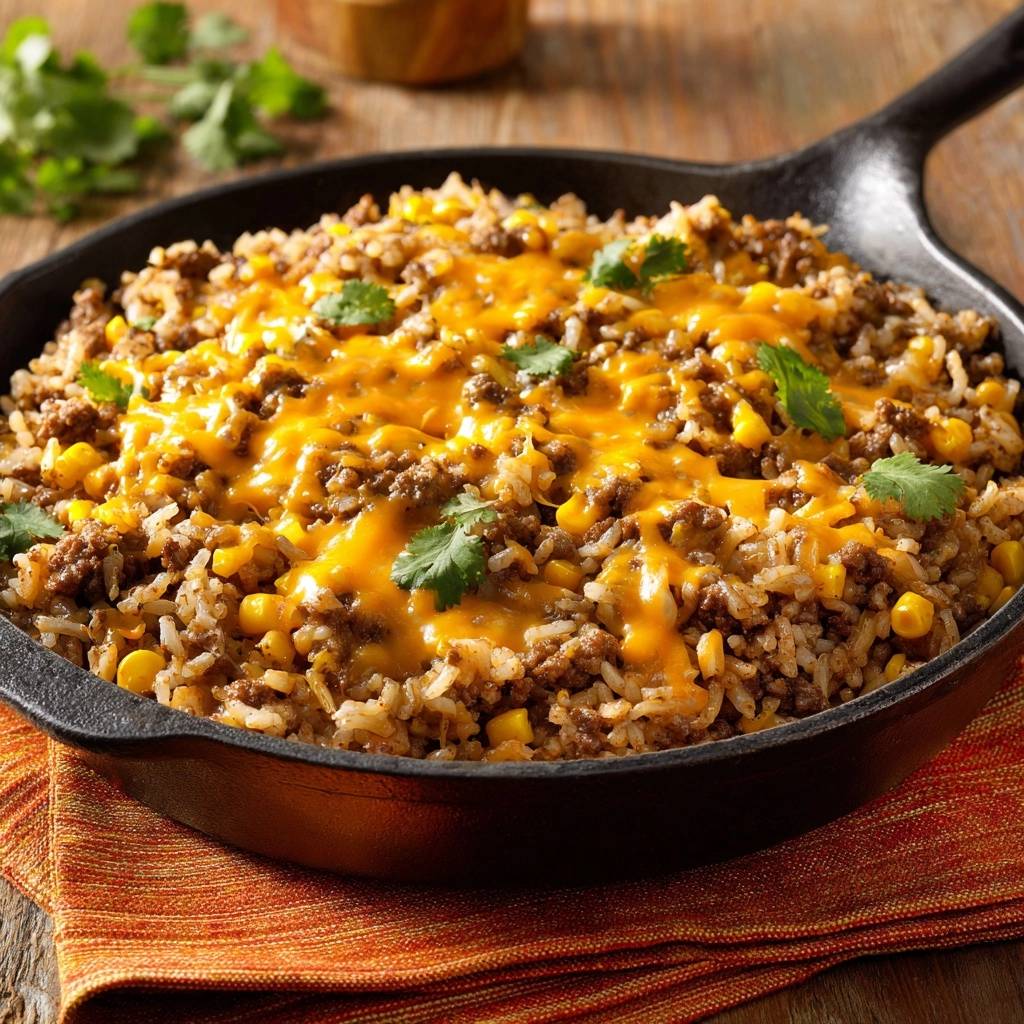 Cheesy ground beef and rice skillet featuring a generous topping of melted cheddar cheese and fresh cilantro garnish.