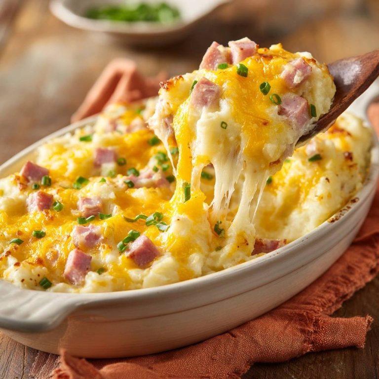 Cheesy ham and potato casserole with a close-up detail of melted cheese stretching from a serving spoon.