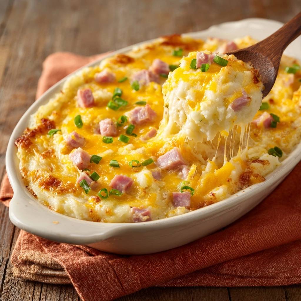 Cheesy ham and potato casserole with a spoonful being lifted, showing melted cheese strands.