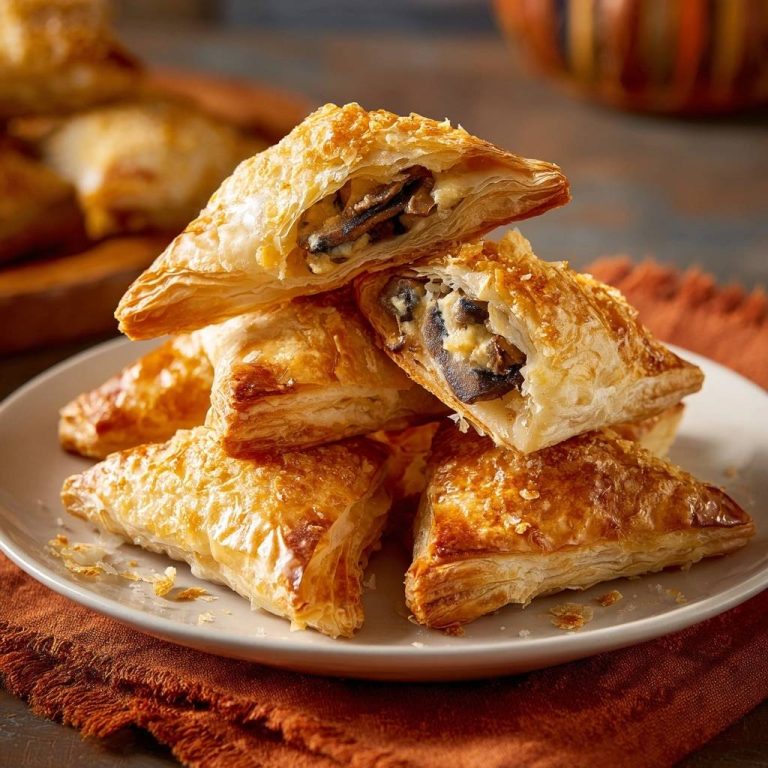 Cheesy mushroom puff pastry bites showing a flaky cross-section filled with mushrooms and cheese.