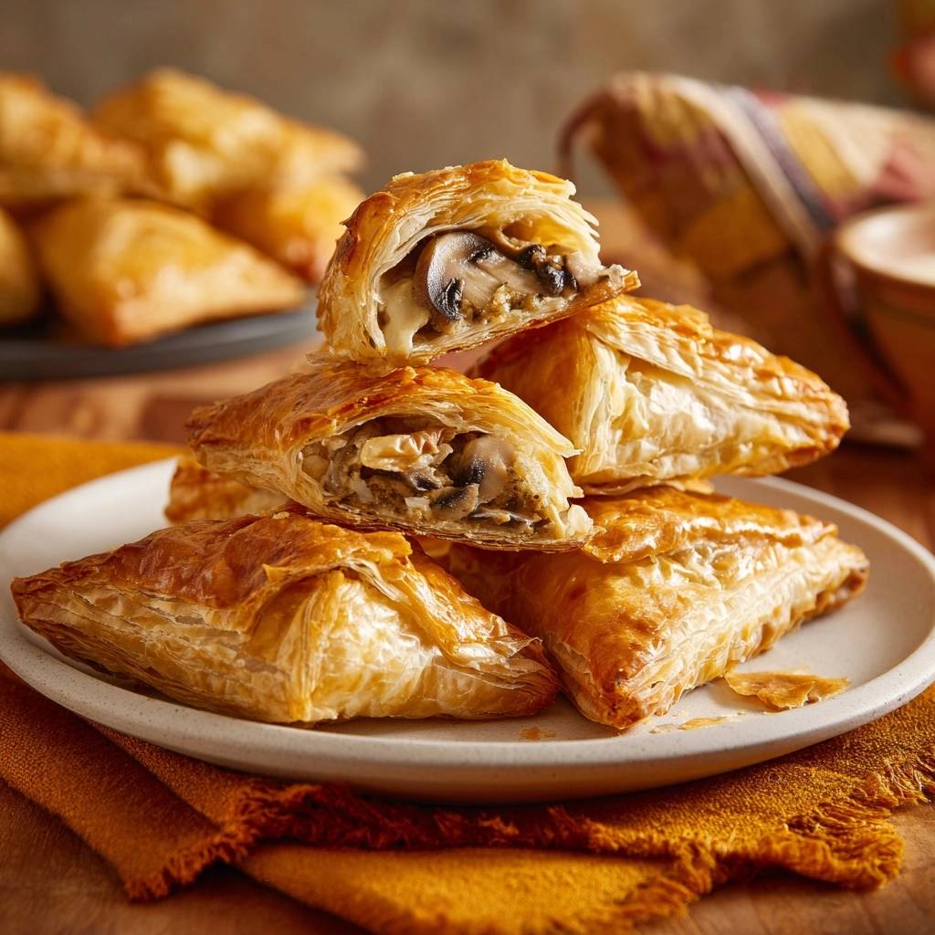 Cheesy mushroom puff pastry bites shown in a tantalizing cross-section stack, highlighting the flaky layers and savory filling.
