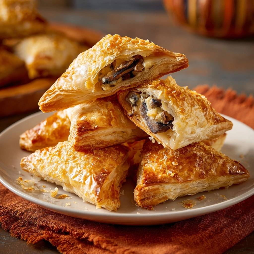 Cheesy mushroom puff pastry bites showing a flaky cross-section filled with mushrooms and cheese.