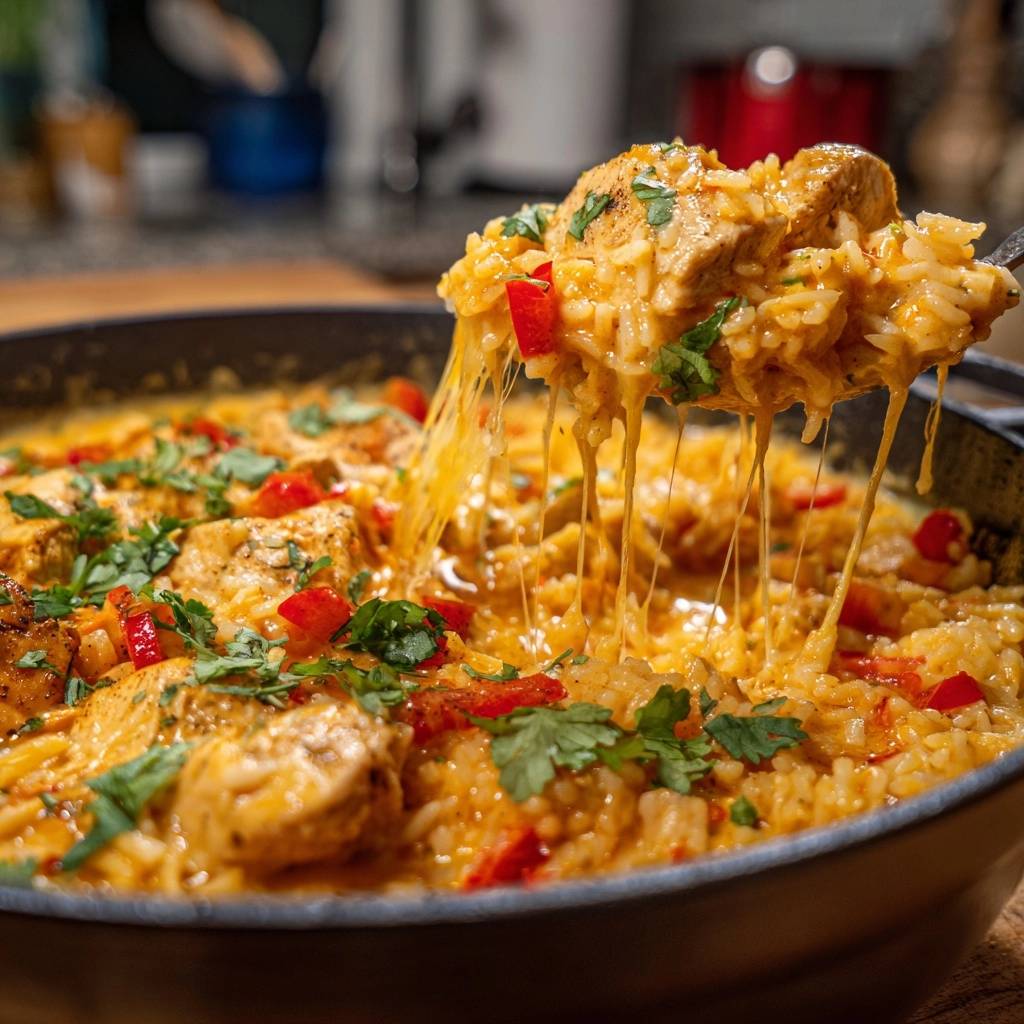 Cheesy one pot chicken and rice with a dramatic cheese pull on a serving spoon.