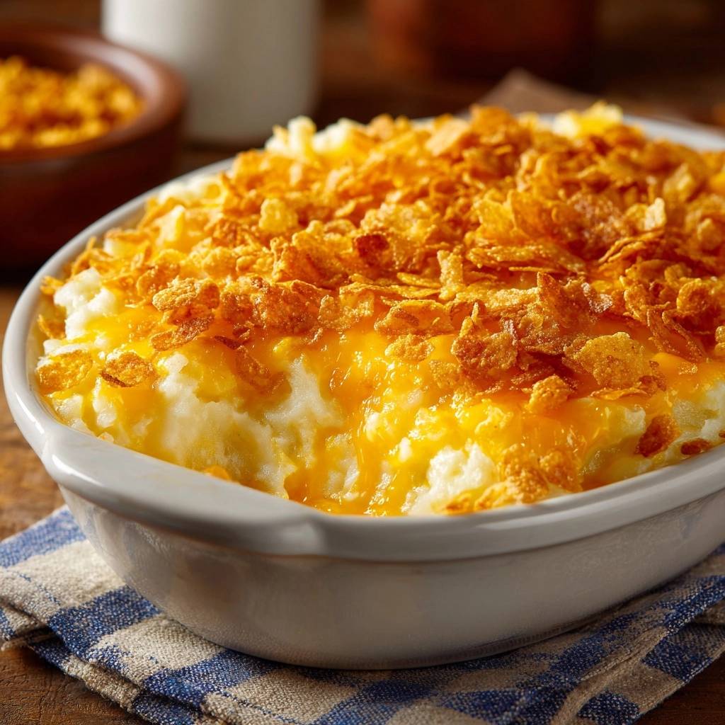 Cheesy potato casserole with a golden, crisp cornflake topping shown in a close-up view.