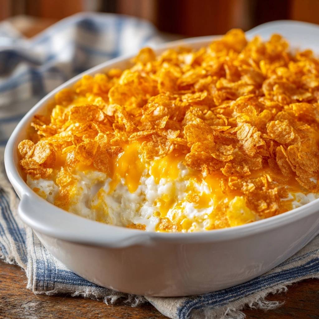 Cheesy potato casserole with a golden cornflake topping shown in a white baking dish.