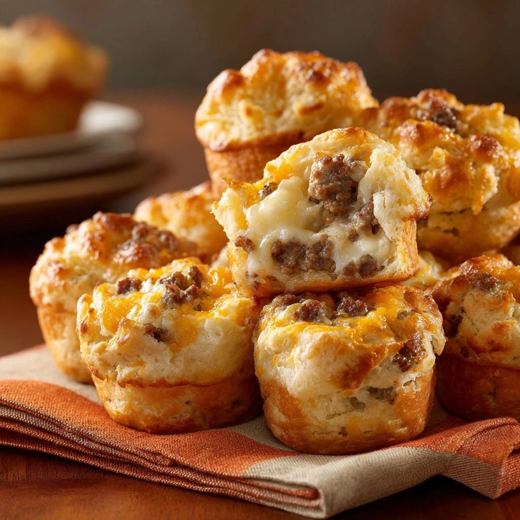 Cheesy sausage breakfast puffs with a close-up cross-section revealing the savory filling and flaky crust.