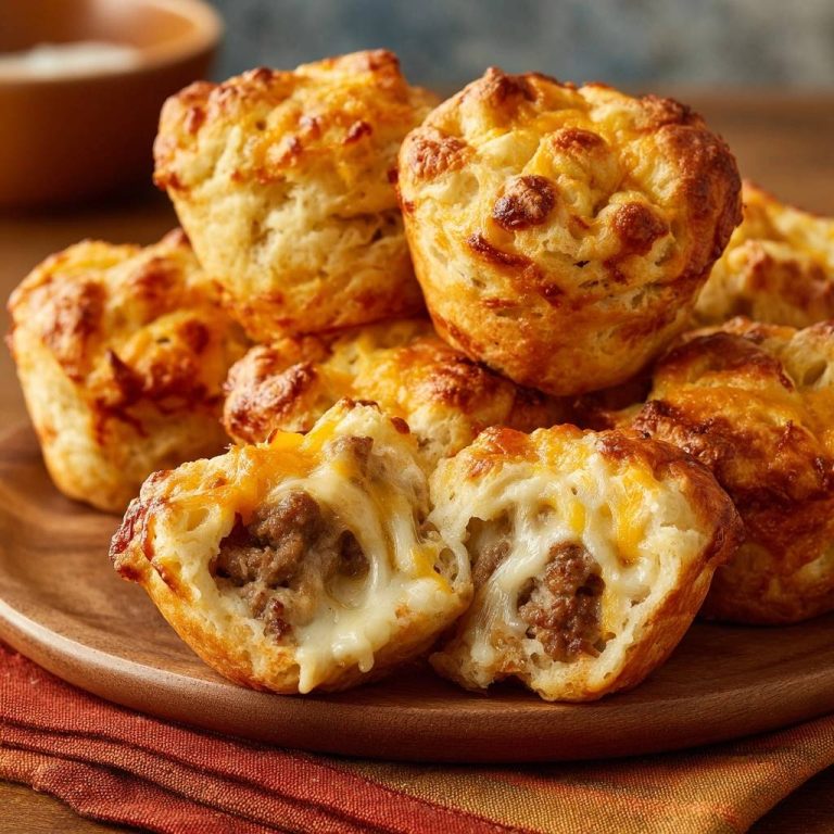 Cheesy sausage breakfast puffs with a crisp crust, showing a close-up cross-section revealing the sausage and melted cheese inside.